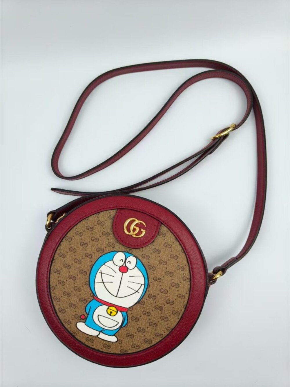 Pre-owned Gucci Doraemon X Ophidia Micro GG Supreme Round Crossbody Bag Burgundy - Picture 14 of 16